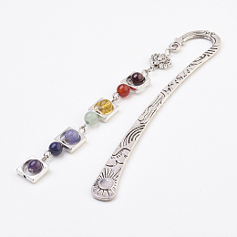 Honeyhandy Natural Gemstone Pendants Bookmarks, with Tibetan Style Alloy Findings, 130x23x6.5mm