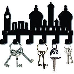 CREATCABIN Metal Key Holder Black Key Hooks Wall Mount Hanger Decor Iron Hanging Organizer Decorative with 6 Hooks Building Tower Pattern for Front Door Entryway Cabinet Towel 10.6 x 6.3 x 1.5 inches