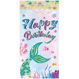 FINGERINSPIRE 71x35 inch Birthday Banner with Hanging Rope Colorful Ocean Background Party Supplies Rectangle Polyester Hanging Sign with Mermaid Pattern for Outdoor & Indoor Decor