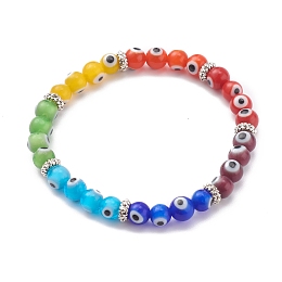 Honeyhandy Rainbow Round Evil Eye Lampwork Stretch Beaded Bracelets for Kids, with Alloy Spacer Beads, Antique Silver, Colorful, Inner Diameter: 1-7/8 inch(4.9cm)