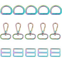 GORGECRAFT 3 Style 15Pcs Rainbow Swivel Clasp Claw Hooks Key Chain Clip Hook Iron D Rings Buckle Clasps Slide Strap Buckle D Ring Adjuster Buckle for Lanyard Dog Collar Backpack