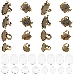 UNICRAFTALE 16set 4 Style Blank Rings Base Making Kit Bird Tortoise Flower Ring Adjustable Blank Rings with Glass Cabochons Antique Bronze Flat Round Blank Ring Components Base Bezel Tray