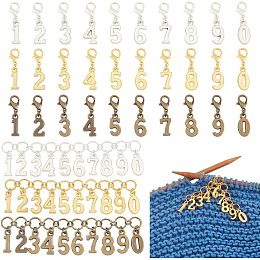 BENECREAT 33Pcs 3 Colors Number Stitch Marker Charms, Number 0-9 Charm Knitting Row Counter Alloy Chain with Lobster Clasp Stitch Markers for Knitting Weaving Sewing Accessories