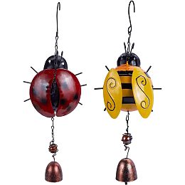 GORGECRAFT 2 Styles Metal Ladybug Wind Chime Lucky Bee Wind Bell Wrought Iron Windchime Rustic Home Insect Yellow Red Glass Ornaments for Garden Yard Patio Indoor Outdoor Decoration Window Hanging