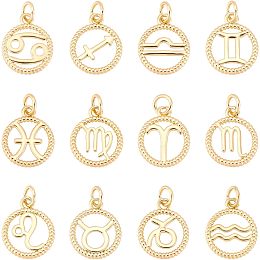 SUPERFINDINGS 12 Styles Brass Twelve Constellation Pendant 14.5x12mm Golden Flat Round with Zodiac Sign Jewelry Charms Micro Pave Cubic Zirconia Charm for DIY Bracelets Necklaces Making,Hole: 3.4mm