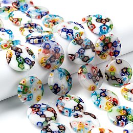 Honeyhandy Handmade Millefiori Glass Beads Strands, White Porcelain, Flat Round, White, 5.5mm wide, 25mm long, hole: 1.2mm, 16pcs/strand, 15.5 inch