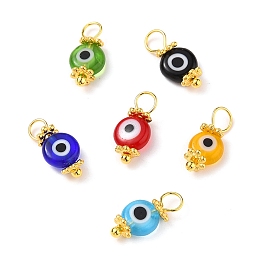 Honeyhandy Handmade Evil Eye Lampwork Charms, with Brass Eye Pin and Tibetan Style Alloy Spacer Beads, Flat Round, Mixed Color, 13x6x2.5mm, Hole: 3mm