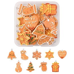 Honeyhandy 18Pcs 9 Styles Christmas Theme Opaque Resin Pendants, with Platinum Tone Iron Loops, Imitation Gingerbread, Mixed Shapes, Mixed Color, 24~32x18~26.5x3.5~4mm, Hole: 2mm, 2pcs/style