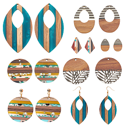 PandaHall Elite 12Pcs 6 Style Resin & Walnut Wood Pendants, Opaque, Waxed, Teardrop & Rhombus & Leaf & Flat Round, Mixed Color, 2pcs/style