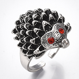 Honeyhandy Alloy Cuff Finger Rings, with Rhinestone, Wide Band Rings, Hedgehog, Antique Silver, Size 8, 18mm