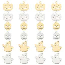 CHGCRAFT 24Pcs 2 Colors Stainless Steel Halloween Charms Pumpkin Jack-o-Lantern Charm Metal Spirit Ghost Charms Skull Halloween Charms for DIY Necklace Bracelet, 15x14.5x1mm