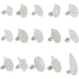 DICOSMETIC 30pcs 15 Styles 304 Stainless Steel Flower Stud Earring Findings Teardrop Shape Stud Earring Butterfly Shape Earring Back Flat Round Earrings for Earring Jewelry DIY,Hole:1mm