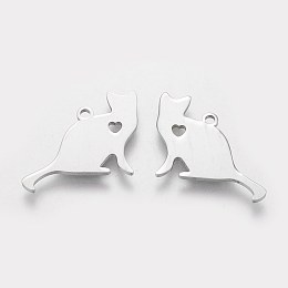 Honeyhandy 304 Stainless Steel Kitten Pendants, Cat Silhouette Shape with Heart, Stainless Steel Color, 17x22x1.1mm, Hole: 1.5mm