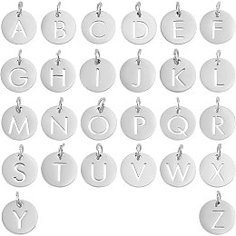 UNICRAFTALE 26pcs Flat Round with Letter Pendants 304 Stainless Steel Charms Letter A~Z Pendants for DIY Jewelry Making