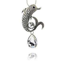 Honeyhandy Alloy Rhinestone Pendants, Trendy Pendant Necklace Findings, Dolphin with Teardrop, Antique Silver, 92x47x3mm, Hole: 7mm