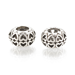 Honeyhandy Alloy European Beads, Large Hole Beads, Hollow, Rondelle with Heart, Antique Silver, 11x7.5mm, Hole: 5mm