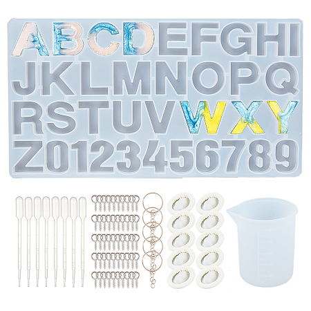 Gorgecraft DIY Keychain Kit, with Number and Letter Silicone Molds, Iron Split Key Rings & Screw Eye Pin Peg Bails, Latex Finger Cots, Plastic Pipettes, Silicone Measuring Cup, White