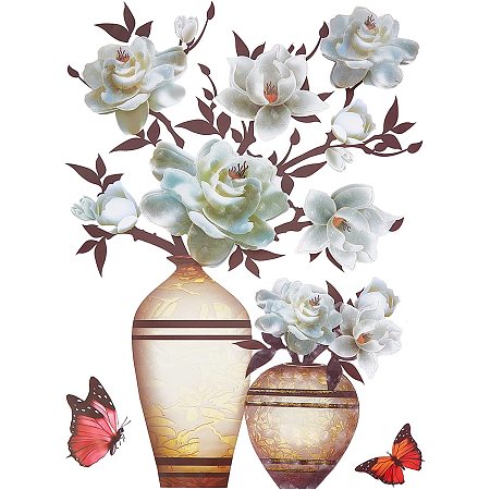 CREATCABIN 3D Vase Wall Stickers Flower Wall Decals Wall Art DIY Floral Wall Decor Retro Butterfly Removable for Home Living Room Bedroom TV Bathroom Window Door Decoration 19.4 x 11.9 Inch(White)