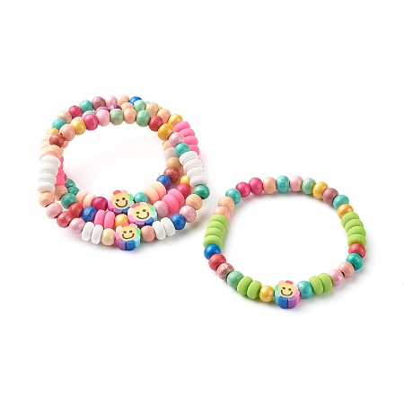 Honeyhandy Natural Wood Round Beads Stretch Bracelets for Kid, with Handmade Polymer Clay Beads, Flower with Smile, Mixed Color, Inner Diameter: 1-7/8 inch(4.9cm), 6mm