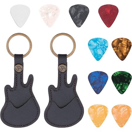 NBEADS 10 Pcs Plastic Guitar Picks with 2 Pcs Guitar Pick Holder Keychain, 0.4mm Thickness Colorful Non-slip Guitar Bass Picks PU Leather Guitar Shaped Keychains for Guitar Player