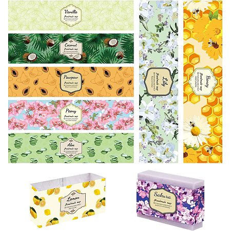 PandaHall Elite 90pcs Bee Soap Packaging Paper, 9 Styles Fruit Flower Plant Soap Wrapper Soap Wrap Paper Tape Vertical Soap Paper Tag Soap Sleeves Covers for Homemade Soap Bar Packaging