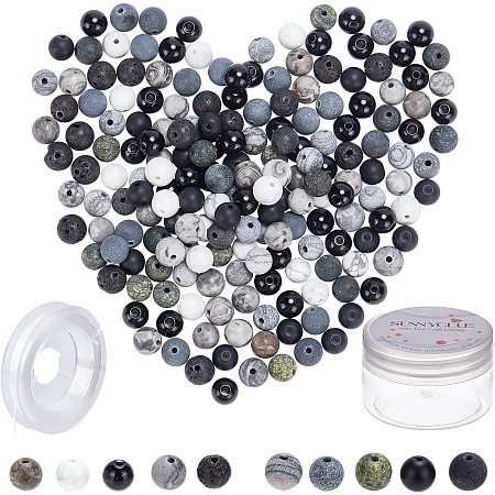 SUNNYCLUE 1 Box 200Pcs 10 Colors Gemstone Round Loose Beads Spacer Natural Stone Beads 6mm Crystal Energy Beads with Stretchy Beading Elastic Thread for Bracelet DIY Jewellery Making