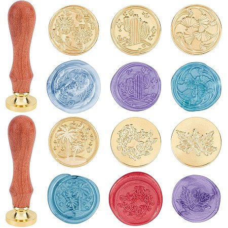 SUPERDANT Wax Seal Stamp Kit 6 pcs Plant Series Pattern Brass Heads with 2 Wooden Handle Vintage Seal Wax Stamp Kit with Clear Plastic Box for Cards Envelopes Invitations