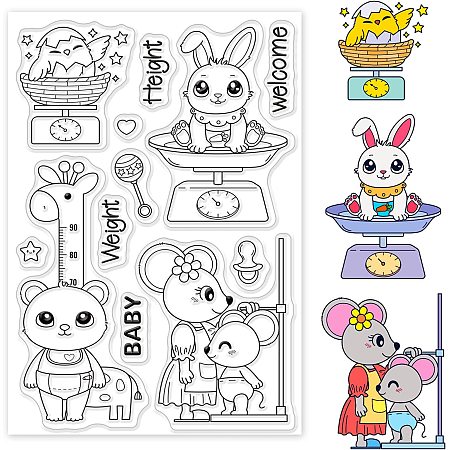GLOBLELAND 1Sheet People Animals Clear Stamp Bear and Bunny Transparent Silicone Stamp Weight Scale Clear Stamp for Scrapbook Journal Card Making 4.3 x 6.3 inch