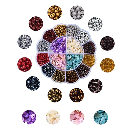 Arricraft DIY Jewelry Making Kits, Including 6/0 Round Metallic Colours & Ceylon & Transparent & Baking Paint & Silver Lined Round Hole Glass Seed Beads, Chip Dyed Freshwater Shell Beads, Mixed Color, Beads: 1100~1220pcs/box
