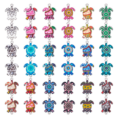 ARRICRAFT 36Pcs 18 Styles Alloy Enamel Printed Connector Charms, Tortoise Links with Flower Pattern, Platinum, Mixed Color, 24x18x2mm, Hole: 1.5~1.7mm, 2pcs/style