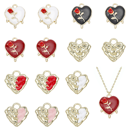 CHGCRAFT 14Pcs 7 Styles Heart Alloy Enamel Charms Heart and Rose Enamel Pendants Small Love Heart Charms for Earring Bracelet Necklace Making, Light Gold 19mm