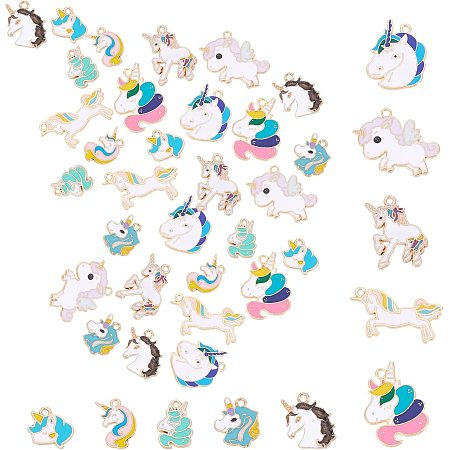 SUNNYCLUE 1 Box 40Pcs 10 Styles Unicorn Charms Alloy Enamel Pendants Assorted Gold Plated Unicorn Charm Accessory for Necklaces Bracelets Earrings DIY Jewelry Making Art Crafts