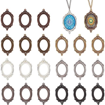 CHGCRAFT 21Pcs 7 Colors Oval Cabochon Pendant Trays Hollowing Style Base Setting Tibetan Style Alloy Bezel Trays Blank for Picture Photo Necklace Hairclip,Tray: 40x30mm, 65x37.5x2.5mm