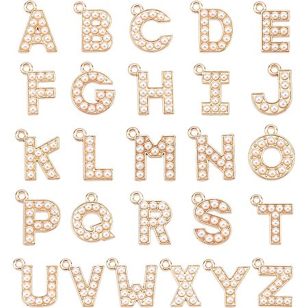 SUPERFINDINGS 52Pcs 26 Styles Alloy Letter Rhinestone Charms Pendants Letter A~Z Alphabet Crystal Dangle Charms Beads Light Gold Plated for Jewelry Making