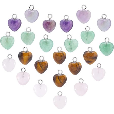 ARRICRAFT 24 Pcs Natural Gemstone Pendants, Heart Shape Gemstone Charms Healing Stone Beads Pendants with Platinum Brass Peg Bail for Valentine's Day Necklace Jewelry Making