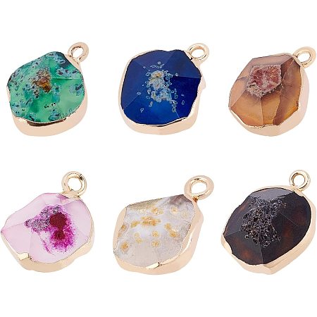 CHGCRAFT 6Pcs 6 Colors 17~22mm Natural Druzy Agate Pendants Irregular Plated Gold Edge Crystal Agate Stone Pendant with Brass Hanger Links DIY for Necklace Earring Bracklet Jewelry Making