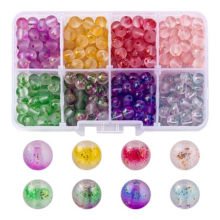 360Pcs 8 Colors Frosted Spray Painted Glass Beads, with Golden Foil, Round, Mixed Color, 6~7mm, Hole: 1.2~1.5mm, 45pcs/color