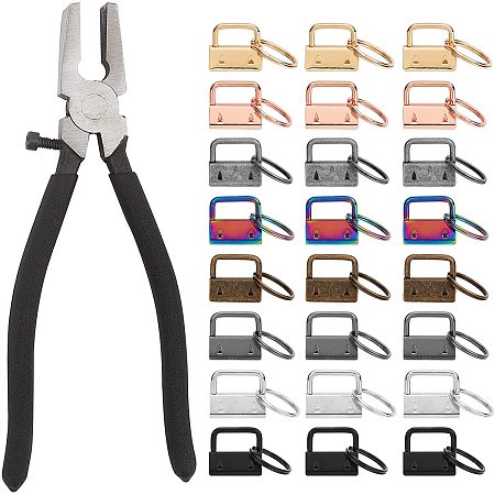 Pandahall Elite 48pcs Key Fob Hardware 8 Colors Wrist Keychain Hardware with 1pc of Key Fob Plier Glass Running Plier for DIY Key Lanyard Making Belts Dog Leash Bag Strap, 23~27mm/ 0.9~1.06 Inch