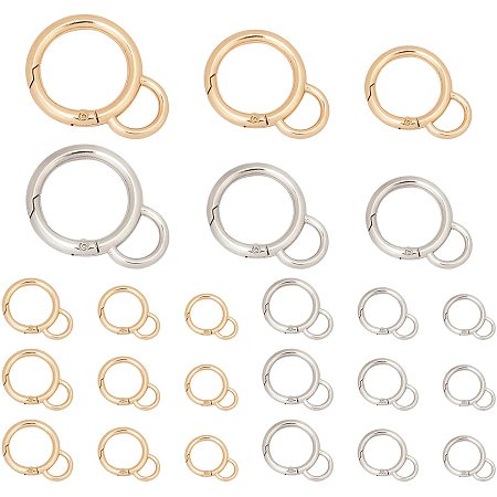PandaHall Elite 24pcs Round Spring Snap Hooks 3 Sizes 24/29/35mm O Ring Key Clasps Trigger Spring Keyring Buckle Hook Clip DIY Accessories for Bags Handbag Purses Keychain, Golden/Platinum