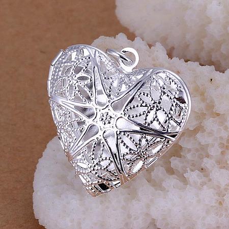 Honeyhandy Brass Hollow Heart Diffuser Locket Pendants, Silver Color Plated, 31x26mm