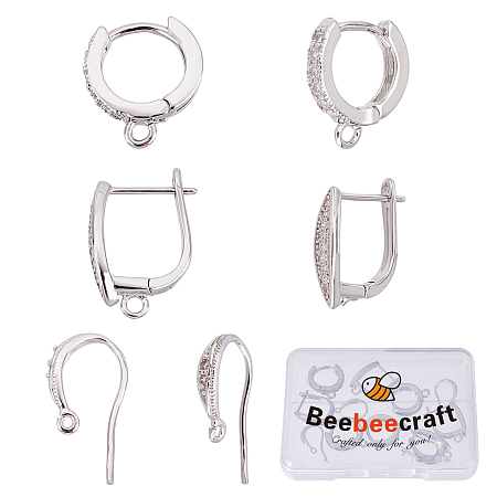 Beebeecraft 12Pcs 3 Style Platinum Plated Cubic Zirconia Hoop Earrings French Hoop Huggie Stud Earrings Components Findings for Dangling Charms Jewelry Making