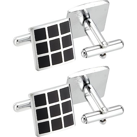 CHGCRAFT 2 Pairs 4Pcs Brass Cufflinks Square Checkerboard Cufflinks Brass Silver Black Square Cuff Links for Mens Shirt Accessories Business Gifts