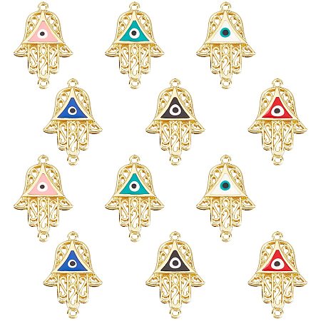NBEADS 12 Pcs Evil Eye Charms, 6 Colors Hamsa Hand Enamel Charms Evil Eye Alloy Links Connectors Pendants for Earring Necklace Jewelry Making