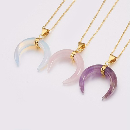 Honeyhandy Natural & Synthetic Mixed Stone Pendant Necklaces, with Brass Chain and Spring Ring Clasps, Double Horn/Crescent Moon, Golden, 18.11 inch(46cm), 1.6mm, Pendant: 35x33x10mm