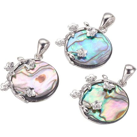CHGCRAFT Natural Paua Abalone Shell Pendants with Brass Findings Flat Round with Flower Platinum for Jewelry Making, Hole 3x5mm