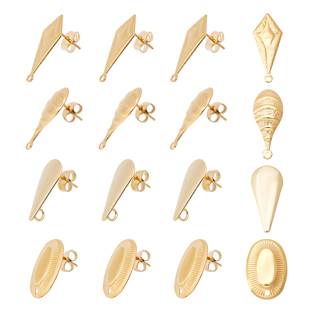 Arricraft 16Pcs 4 Style 304 Stainless Steel Stud Earring Findings, with Loops, Rhombus & Oval & Teardrop, Golden, 18~21.5x9~12.5mm, Hole: 1.2~2.5mm, Pin: 0.7~0.8mm, 4Pcs/style