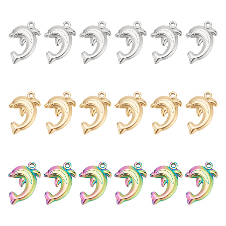 DICOSMETIC 18Pcs 3 Colors 304 Stainless Steel Pendant, Dolphin Charms, Mixed Color, 22.5x14x3mm, Hole: 1.6mm, 6pcs/color