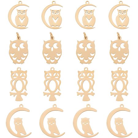 SUPERFINDINGS 16Pcs 4 Styles Golden 201 Stainless Steel Pendants Owl Laser Cut Pendants Owl Dangle Charms for Halloween Jewelry Crafts Making