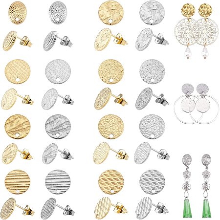 ARRICRAFT 36 Pcs 18 Styles Earrings Posts, Flat Round Earring Pin Studs with Butterfly Earring Backs 304 Stainless Steel Stud Earring Findings for DIY Earring Making Supplies Golden & Silver