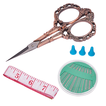 PandaHall Elite Red Copper Stainless Steel Embroidery Sewing Scissors with 24pcs Sewing Needles, 60